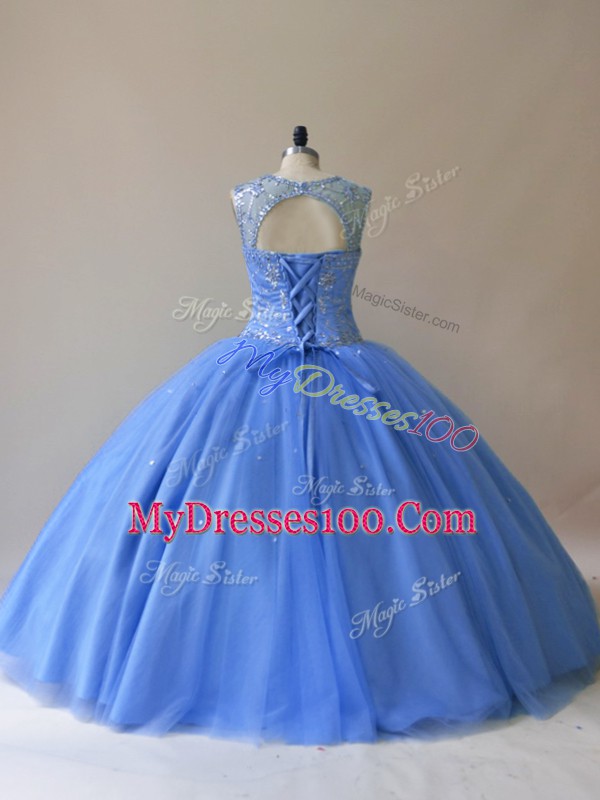 Simple Baby Blue Sleeveless Tulle Lace Up 15th Birthday Dress for Sweet 16 and Quinceanera