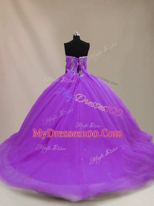 Purple Ball Gowns Sweetheart Sleeveless Tulle Court Train Lace Up Beading Sweet 16 Quinceanera Dress