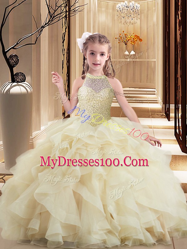 Lace Up Little Girl Pageant Gowns Light Yellow for Party and Sweet 16 and Wedding Party with Beading and Ruffles Brush Train