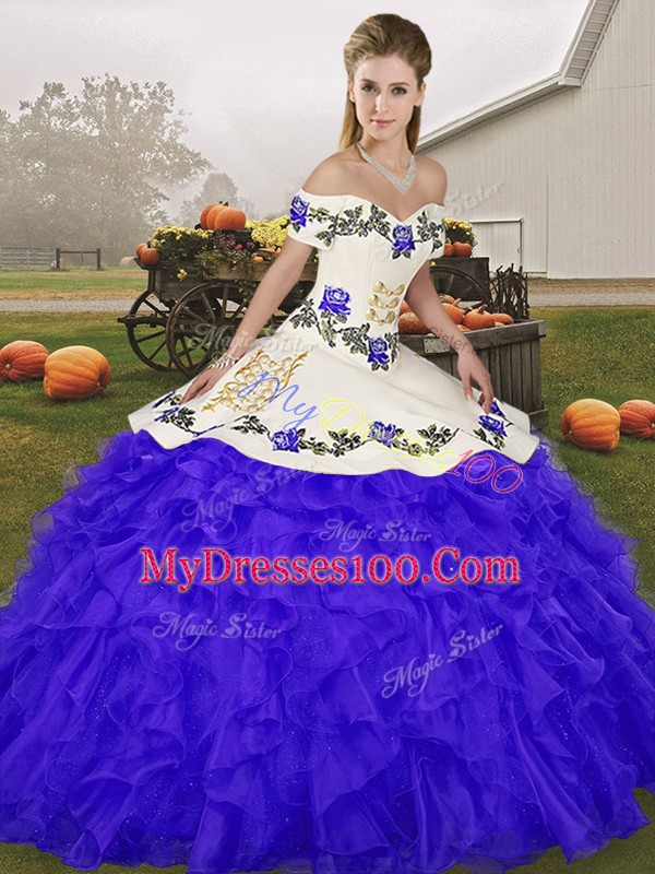 Ideal Blue Off The Shoulder Neckline Embroidery and Ruffles Sweet 16 Dresses Sleeveless Lace Up