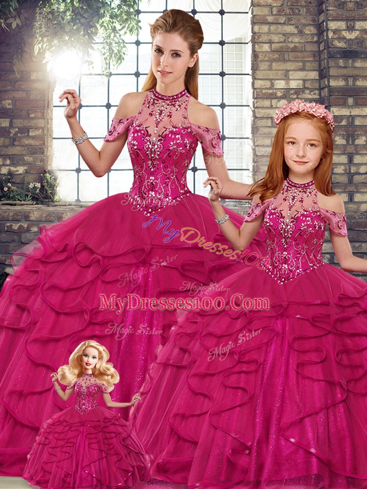 Fabulous Fuchsia Tulle Lace Up Halter Top Sleeveless Floor Length Quinceanera Gown Beading and Ruffles