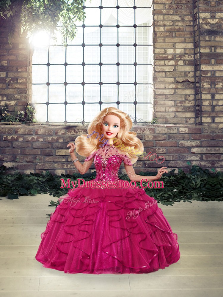 Fabulous Fuchsia Tulle Lace Up Halter Top Sleeveless Floor Length Quinceanera Gown Beading and Ruffles