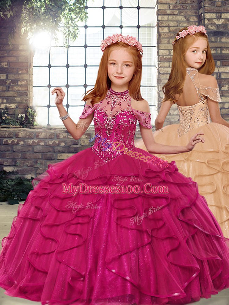 Fabulous Fuchsia Tulle Lace Up Halter Top Sleeveless Floor Length Quinceanera Gown Beading and Ruffles
