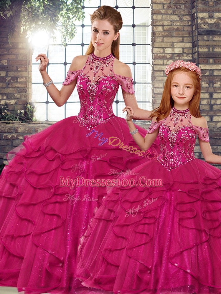 Fabulous Fuchsia Tulle Lace Up Halter Top Sleeveless Floor Length Quinceanera Gown Beading and Ruffles