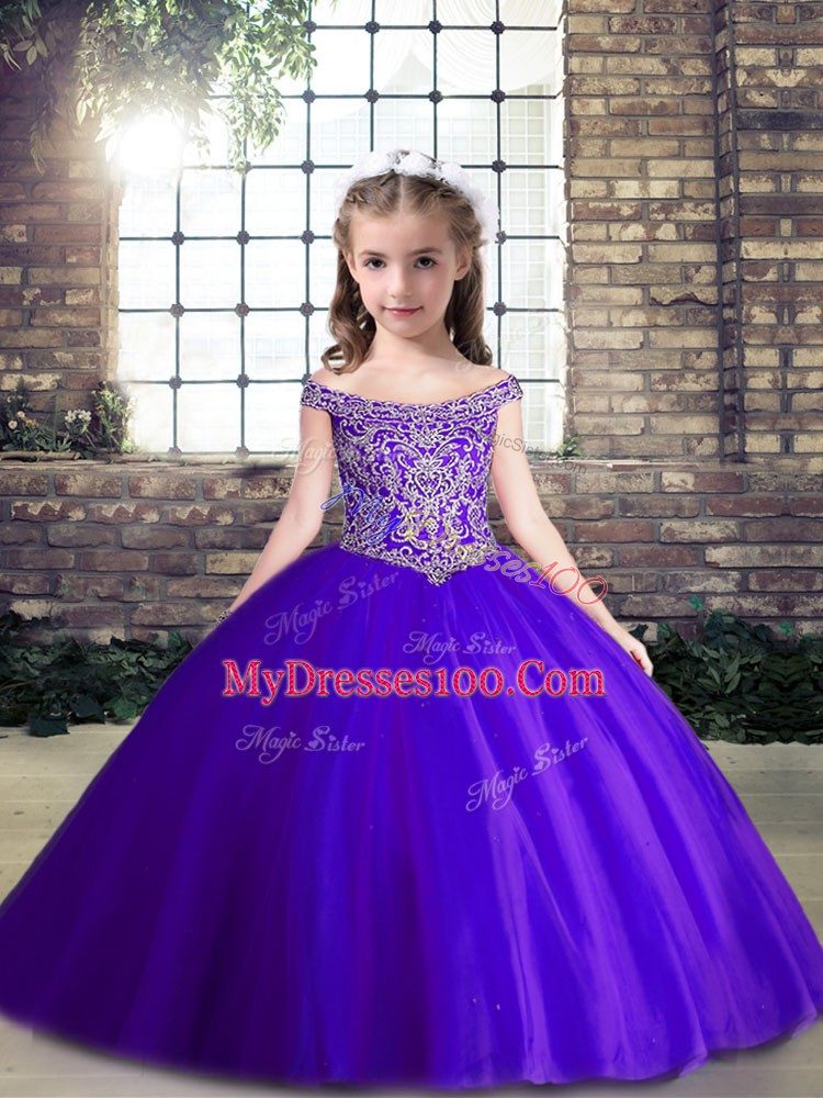 Purple Kids Formal Wear Party and Wedding Party with Beading Off The Shoulder Sleeveless Lace Up