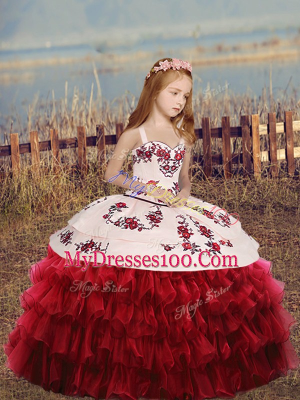 Ball Gowns Little Girls Pageant Dress Red Straps Organza Long Sleeves Floor Length Lace Up