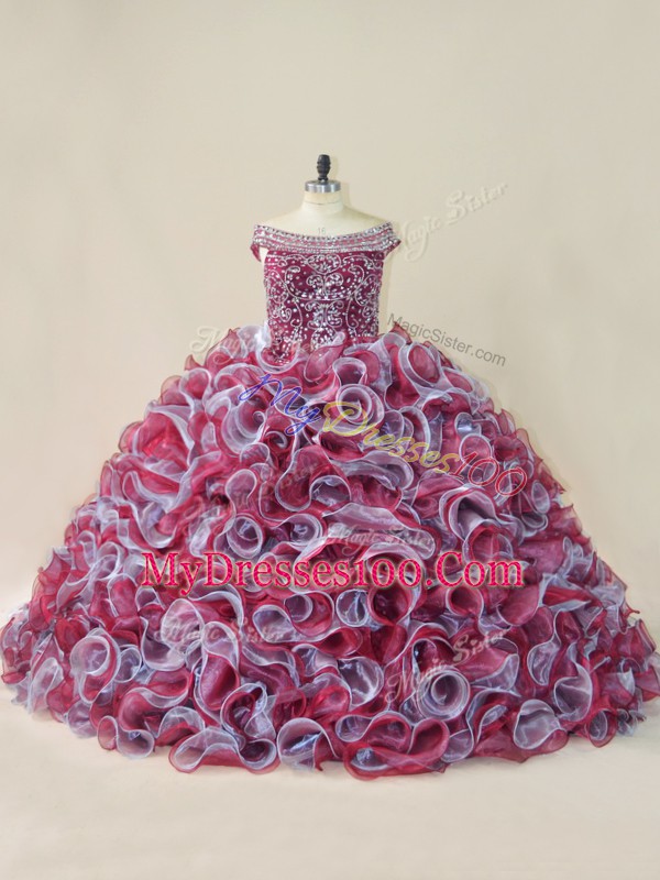 Customized Multi-color Organza Lace Up Quinceanera Gowns Sleeveless Court Train Beading and Ruffles