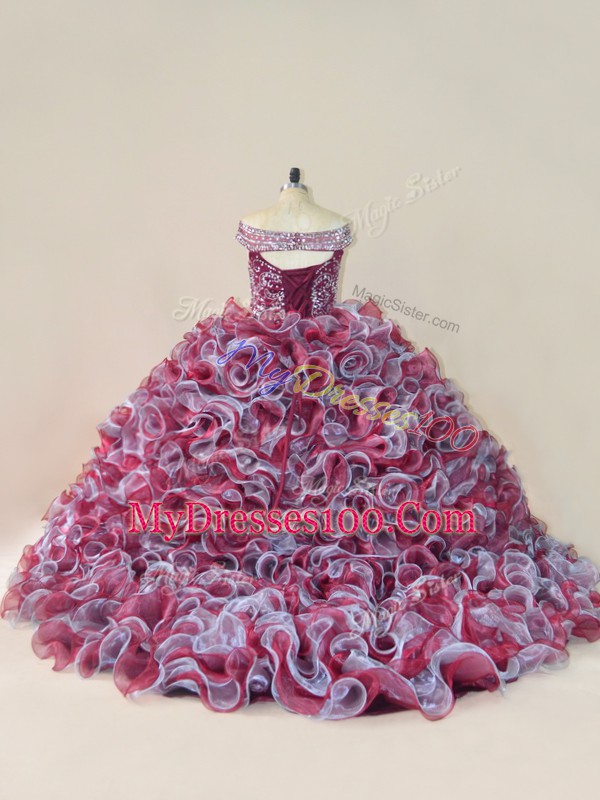 Customized Multi-color Organza Lace Up Quinceanera Gowns Sleeveless Court Train Beading and Ruffles