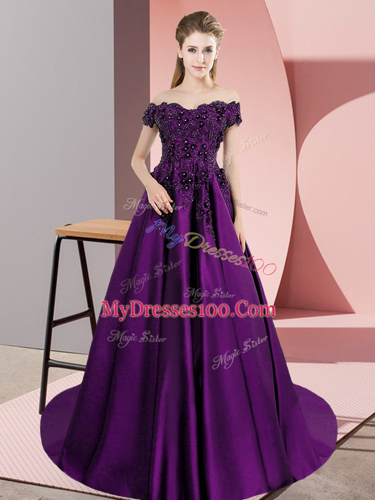 New Arrival Eggplant Purple Satin Zipper Vestidos de Quinceanera Sleeveless Court Train Appliques