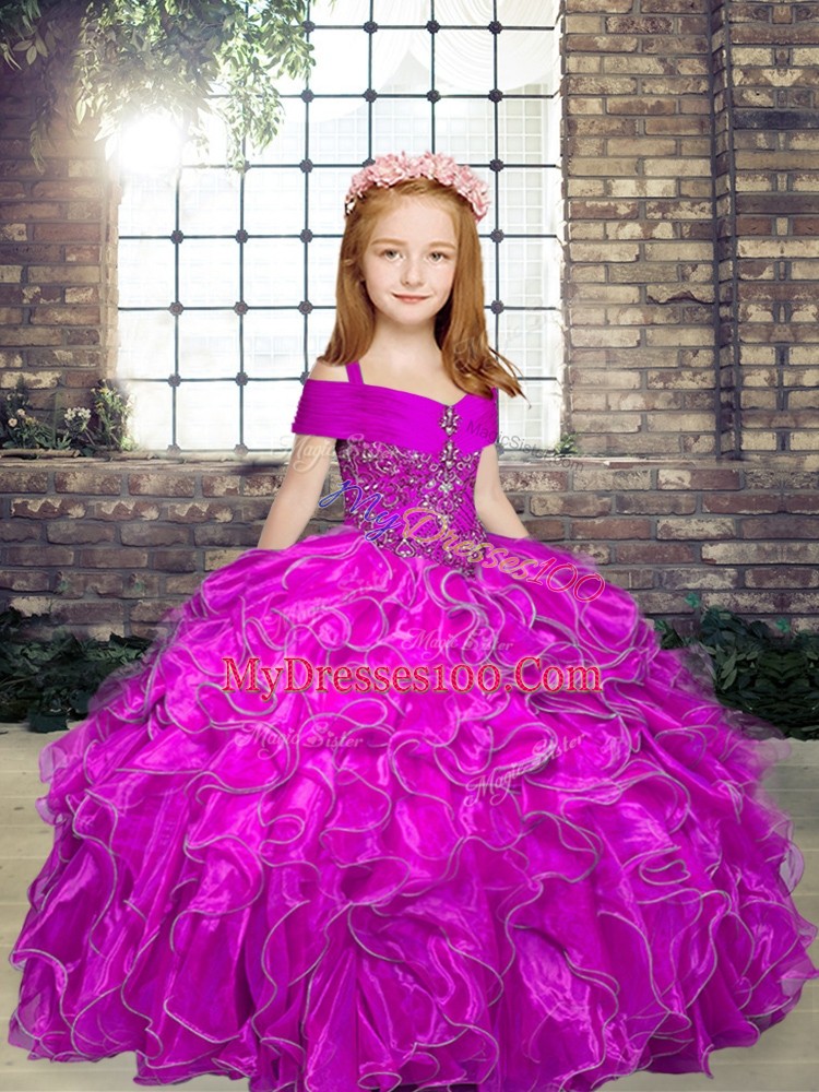 High Class Fuchsia Sleeveless Beading and Ruffles Floor Length Child Pageant Dress
