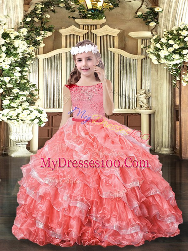 Top Selling Watermelon Red Scoop Zipper Lace and Ruffled Layers Pageant Gowns For Girls Sleeveless