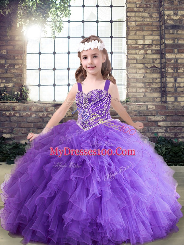 Excellent Sleeveless Lace Up Floor Length Beading and Ruffles Pageant Dress for Girls