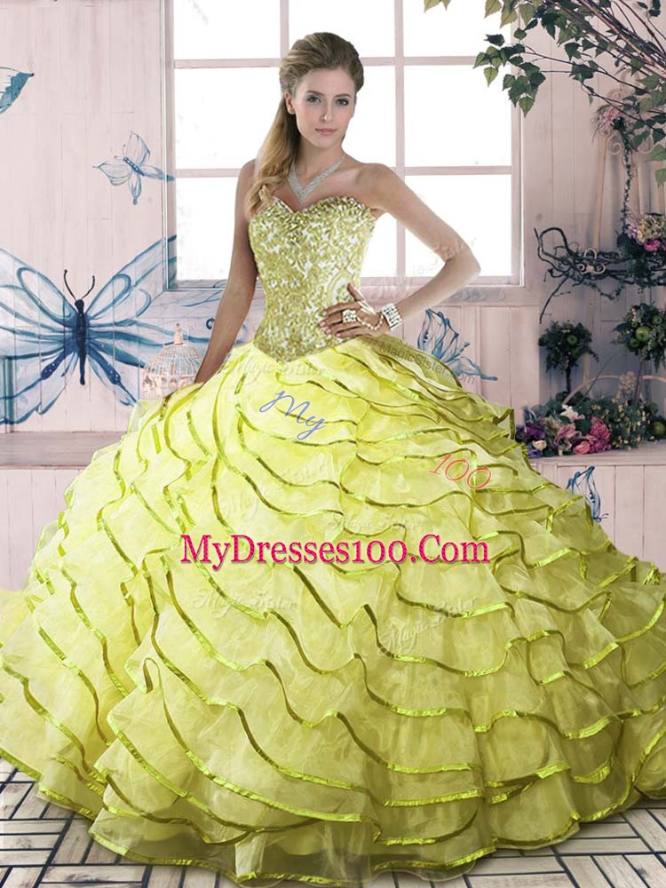 Fantastic Yellow Green Ball Gowns Organza Halter Top Sleeveless Beading and Ruffled Layers Lace Up 15 Quinceanera Dress Brush Train