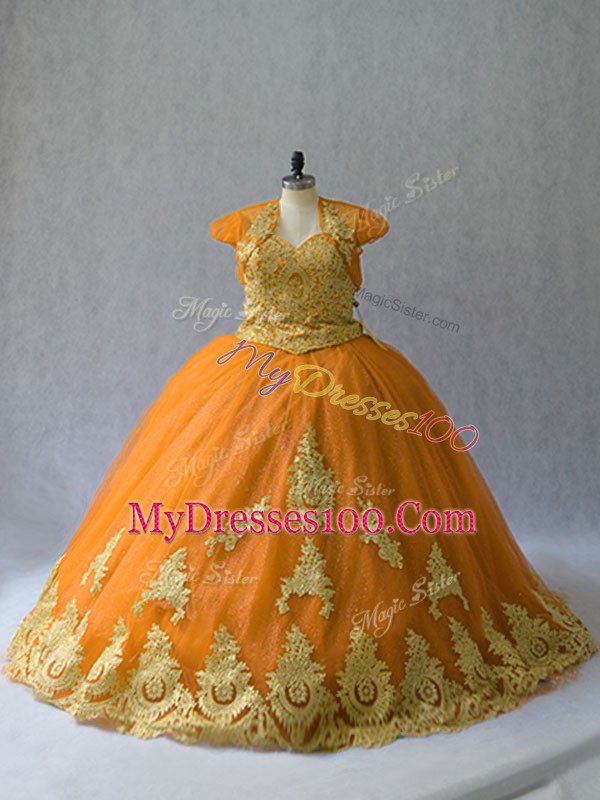 Super Gold Ball Gowns Tulle Sweetheart Sleeveless Appliques Lace Up Sweet 16 Quinceanera Dress Court Train