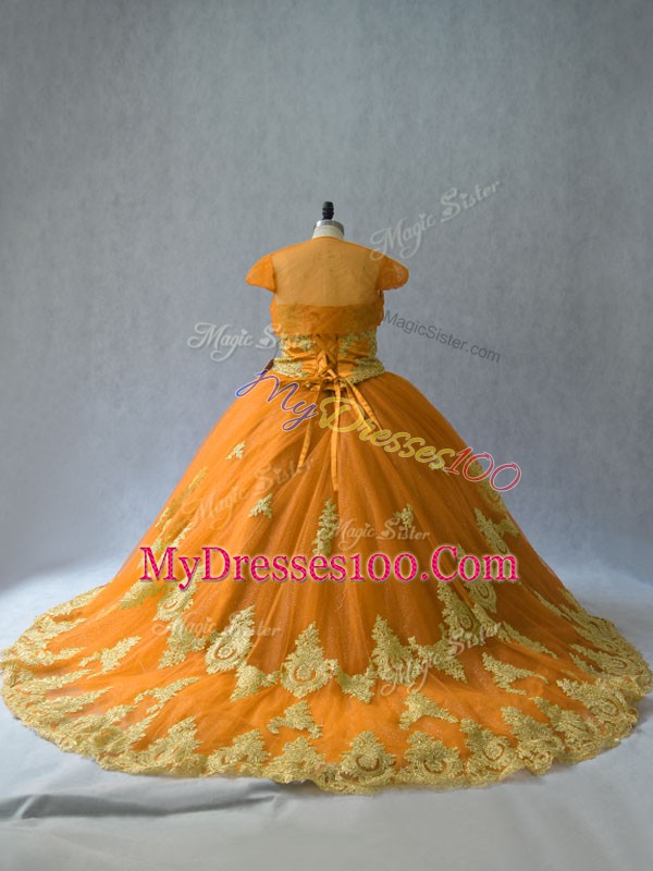 Super Gold Ball Gowns Tulle Sweetheart Sleeveless Appliques Lace Up Sweet 16 Quinceanera Dress Court Train