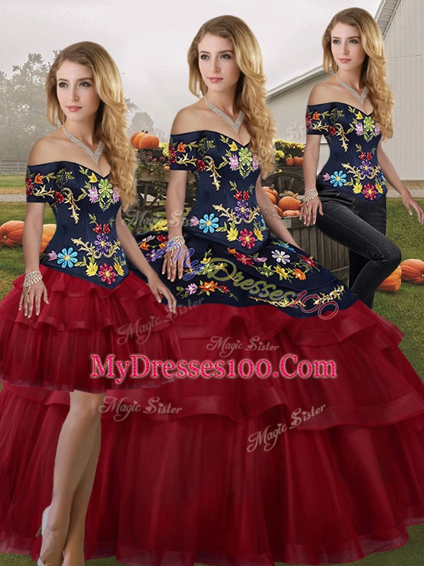 Fashion Wine Red Lace Up Off The Shoulder Embroidery and Ruffled Layers Quinceanera Dresses Tulle Sleeveless Brush Train