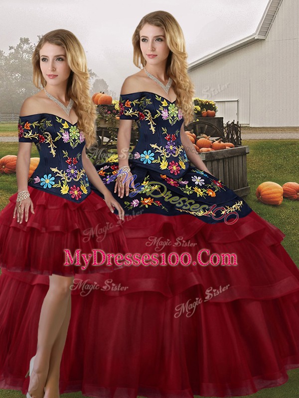 Fashion Wine Red Lace Up Off The Shoulder Embroidery and Ruffled Layers Quinceanera Dresses Tulle Sleeveless Brush Train