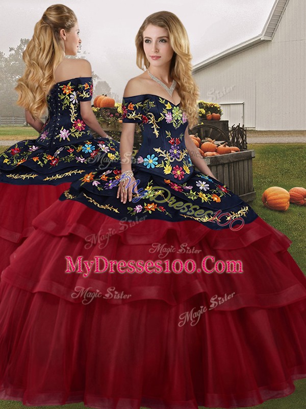 Fashion Wine Red Lace Up Off The Shoulder Embroidery and Ruffled Layers Quinceanera Dresses Tulle Sleeveless Brush Train