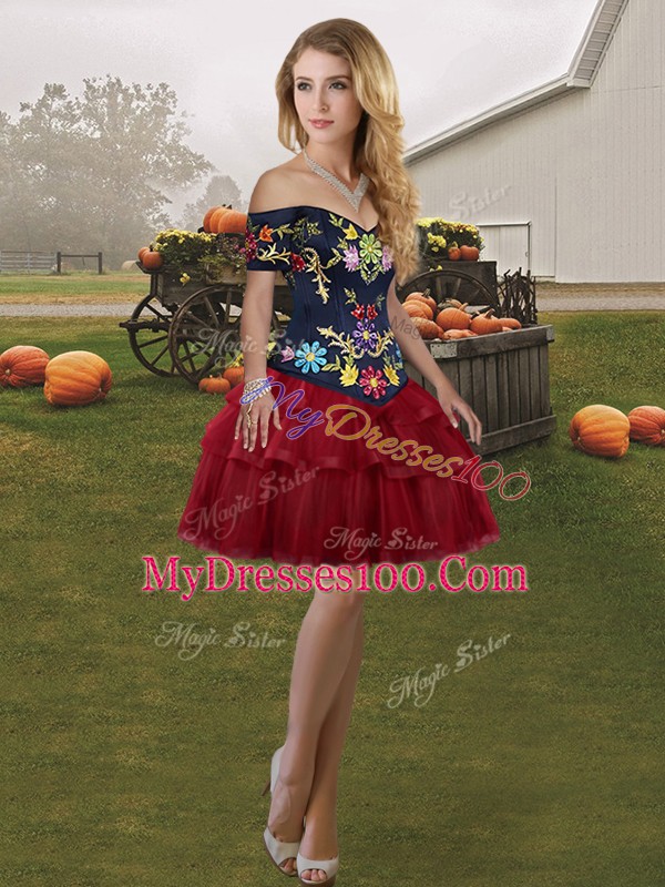 Fashion Wine Red Lace Up Off The Shoulder Embroidery and Ruffled Layers Quinceanera Dresses Tulle Sleeveless Brush Train