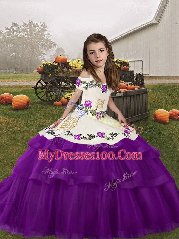 Unique Eggplant Purple Tulle Lace Up Straps Sleeveless Floor Length Child Pageant Dress Embroidery and Ruffled Layers