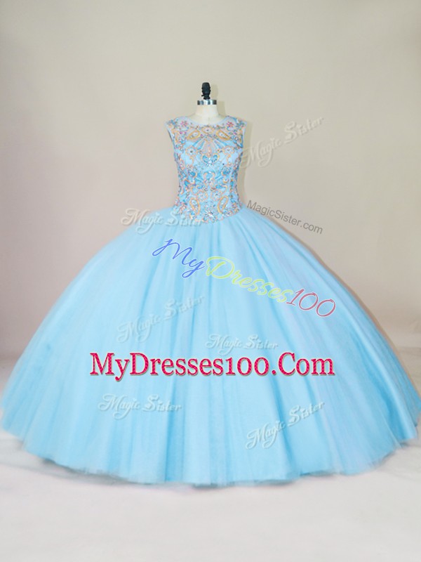 Best Blue Sleeveless Beading Floor Length Quinceanera Dresses