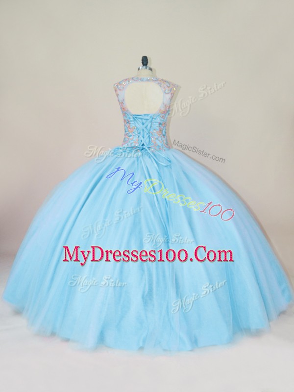Best Blue Sleeveless Beading Floor Length Quinceanera Dresses