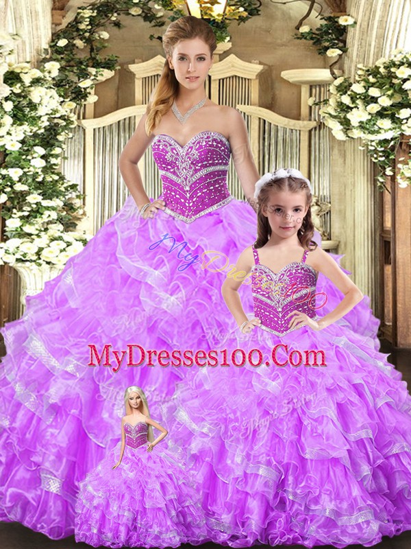 Modest Organza Sweetheart Sleeveless Lace Up Beading and Ruffles Vestidos de Quinceanera in Lilac