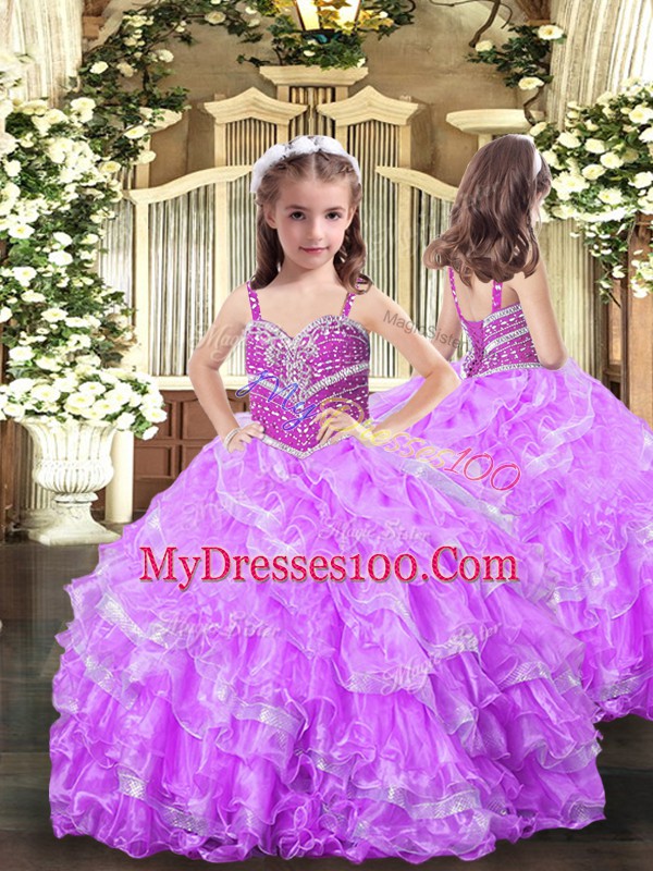 Modest Organza Sweetheart Sleeveless Lace Up Beading and Ruffles Vestidos de Quinceanera in Lilac