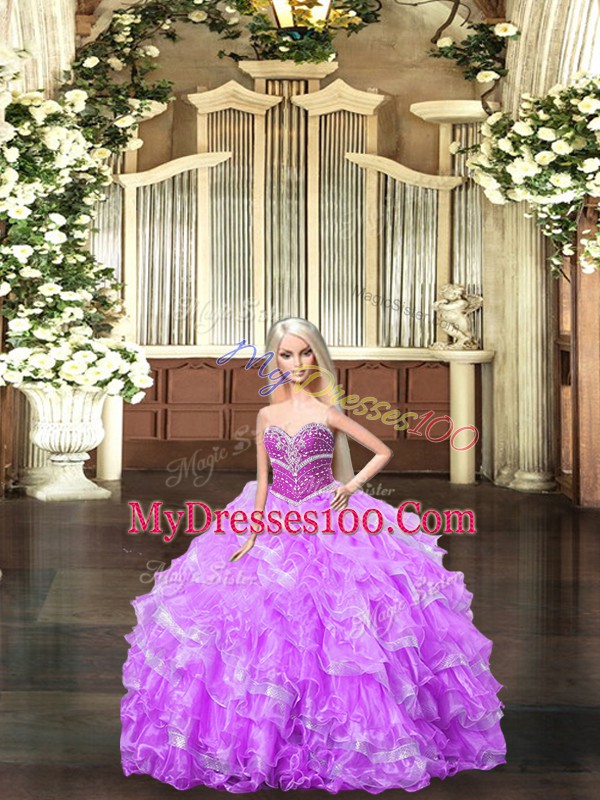 Modest Organza Sweetheart Sleeveless Lace Up Beading and Ruffles Vestidos de Quinceanera in Lilac