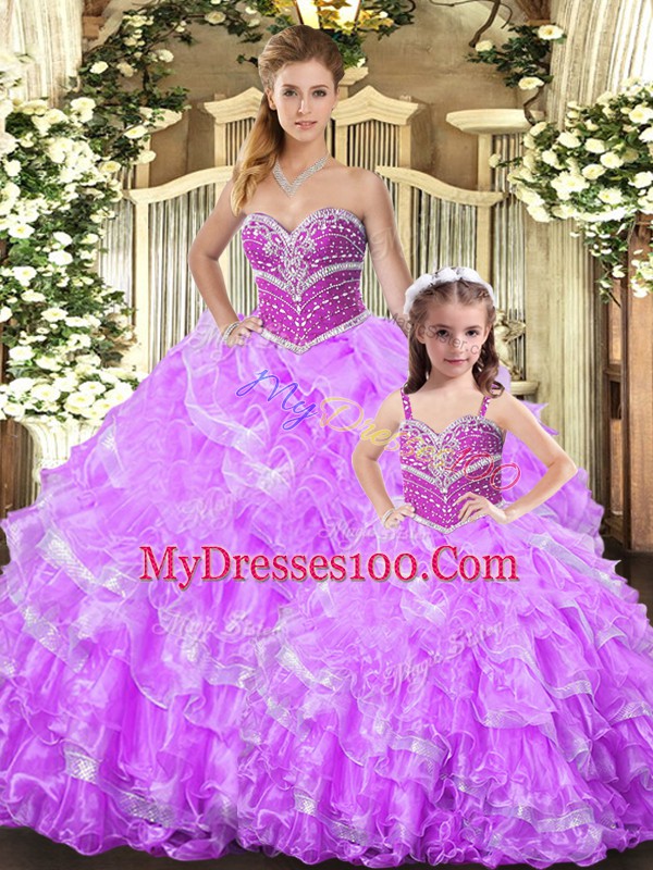 Modest Organza Sweetheart Sleeveless Lace Up Beading and Ruffles Vestidos de Quinceanera in Lilac