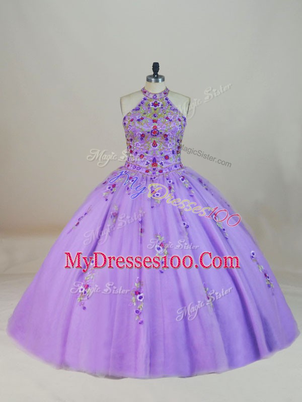 Lavender Lace Up Vestidos de Quinceanera Beading and Embroidery Sleeveless Brush Train