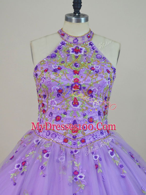 Lavender Lace Up Vestidos de Quinceanera Beading and Embroidery Sleeveless Brush Train