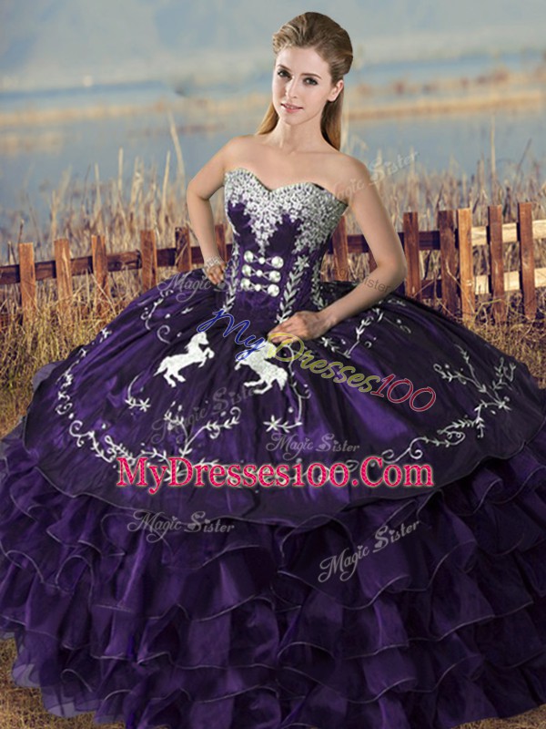 Gorgeous Floor Length Purple Quince Ball Gowns Organza Sleeveless Embroidery and Ruffles
