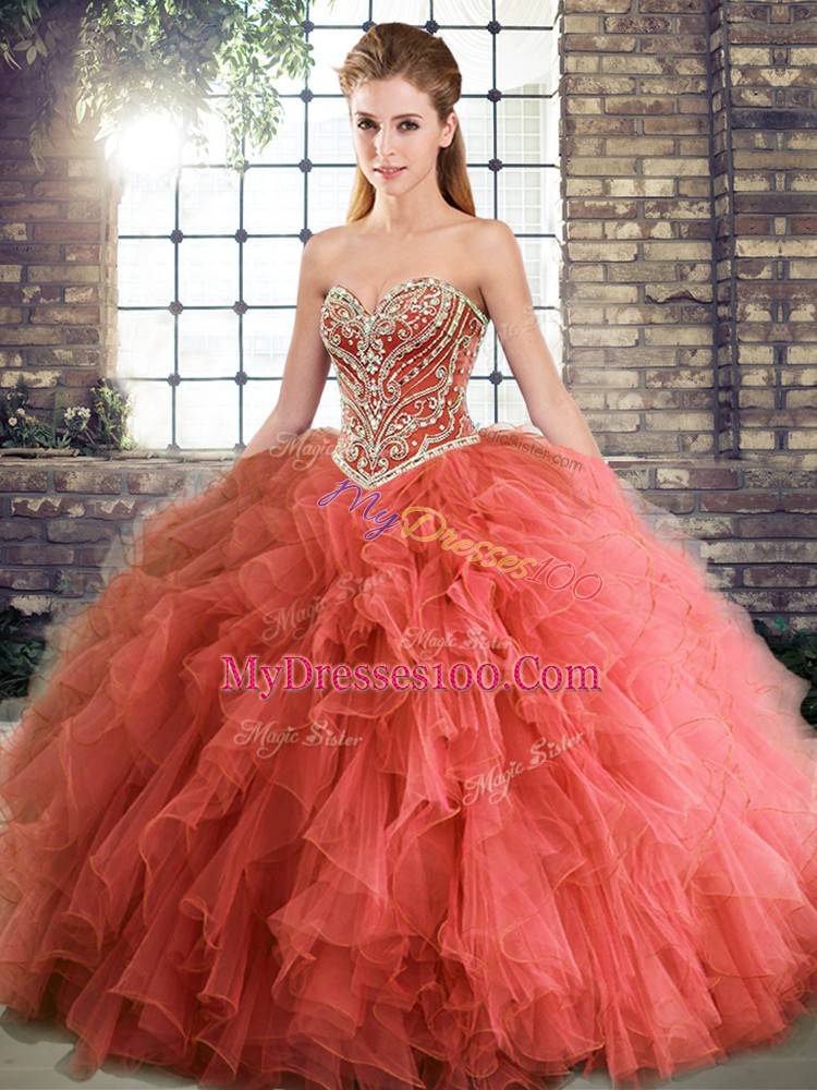 Floor Length Coral Red 15 Quinceanera Dress Tulle Sleeveless Beading and Ruffles
