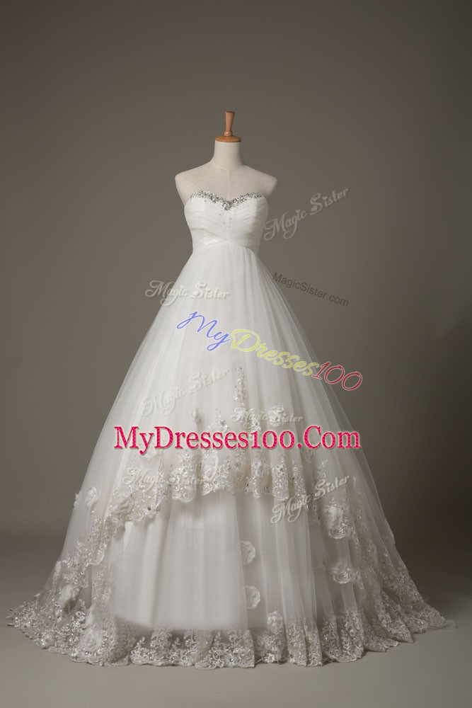 Sophisticated Court Train Ball Gowns Wedding Gown White Sweetheart Tulle Sleeveless Lace Up