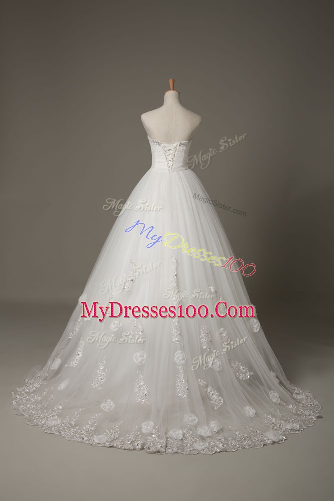 Sophisticated Court Train Ball Gowns Wedding Gown White Sweetheart Tulle Sleeveless Lace Up