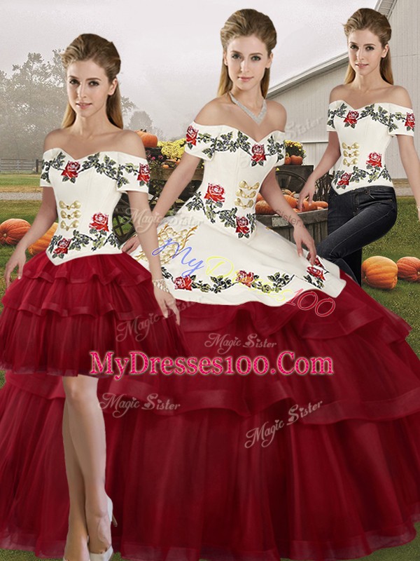 Noble Brush Train Three Pieces Quinceanera Dress Wine Red Off The Shoulder Tulle Sleeveless Lace Up