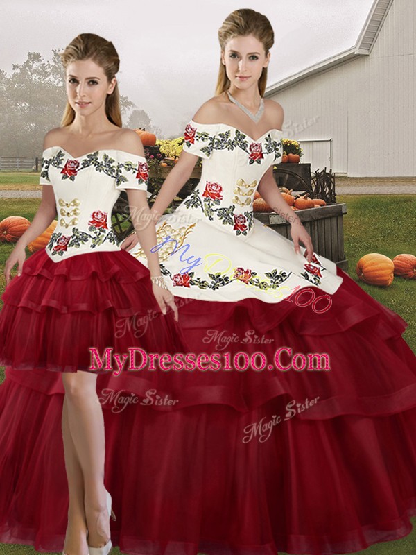 Noble Brush Train Three Pieces Quinceanera Dress Wine Red Off The Shoulder Tulle Sleeveless Lace Up