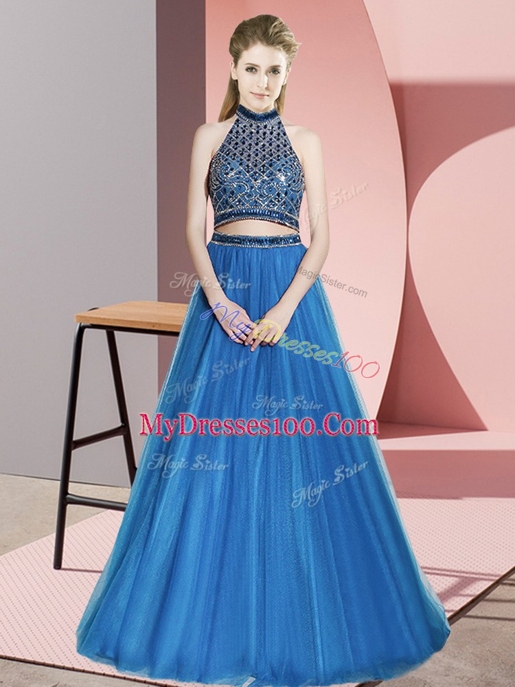 Blue Halter Top Backless Beading Dress for Prom Sleeveless