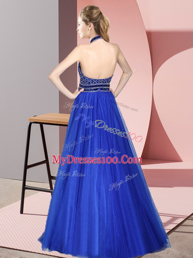 Blue Halter Top Backless Beading Dress for Prom Sleeveless
