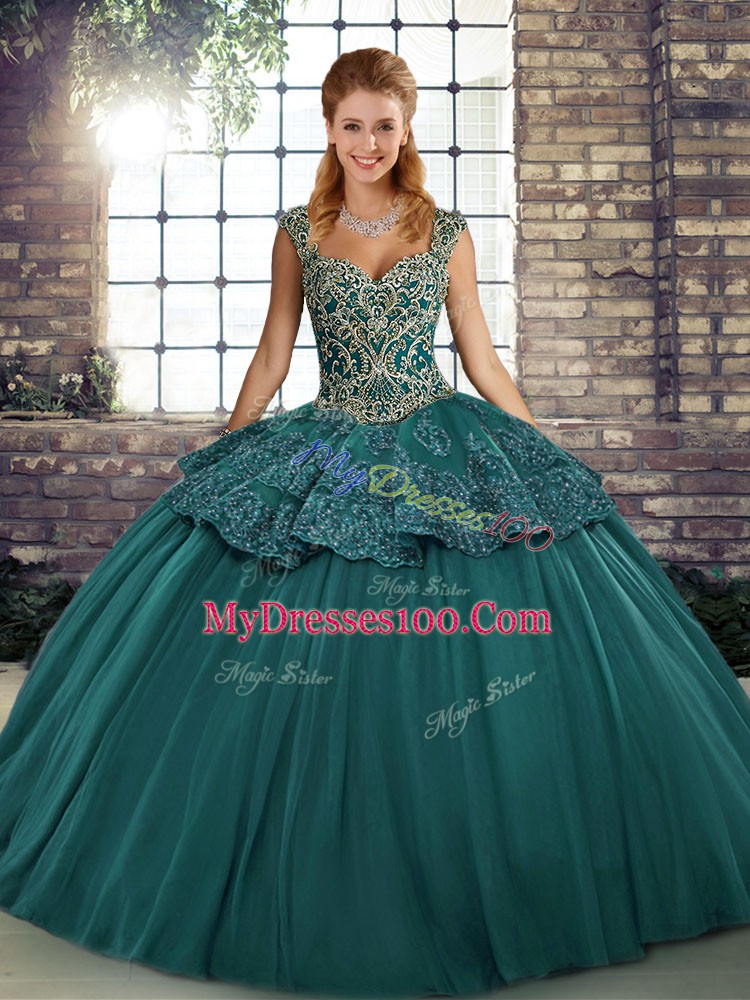 Sleeveless Floor Length Beading and Appliques Lace Up Quinceanera Gown with Green