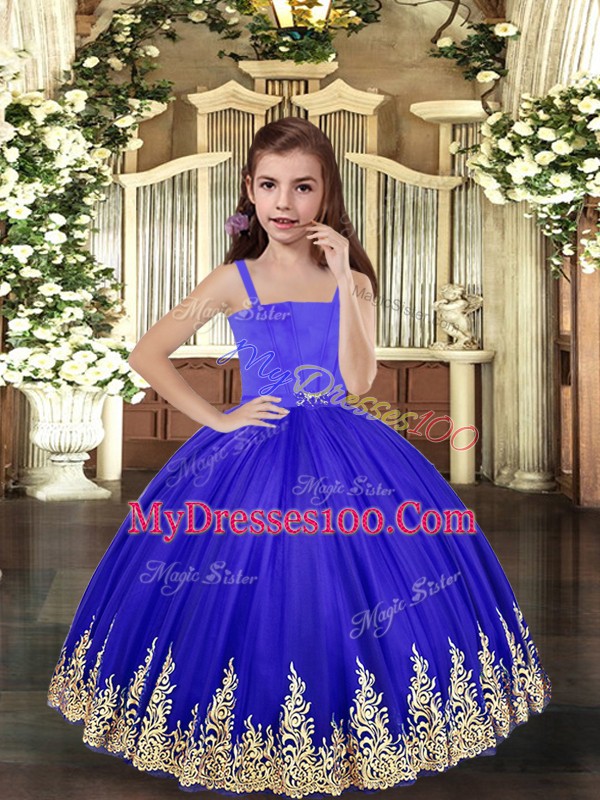 Superior Sleeveless Floor Length Embroidery Lace Up Kids Formal Wear with Royal Blue