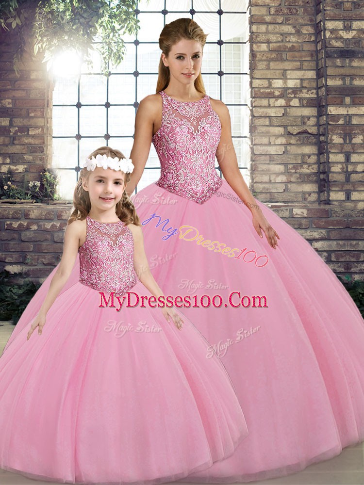 Hot Sale Sleeveless Tulle Floor Length Lace Up 15 Quinceanera Dress in Pink with Embroidery
