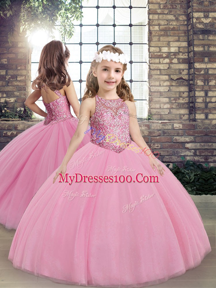 Hot Sale Sleeveless Tulle Floor Length Lace Up 15 Quinceanera Dress in Pink with Embroidery