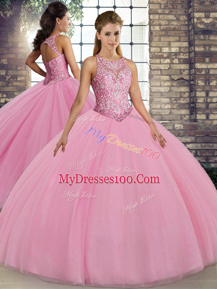 Hot Sale Sleeveless Tulle Floor Length Lace Up 15 Quinceanera Dress in Pink with Embroidery