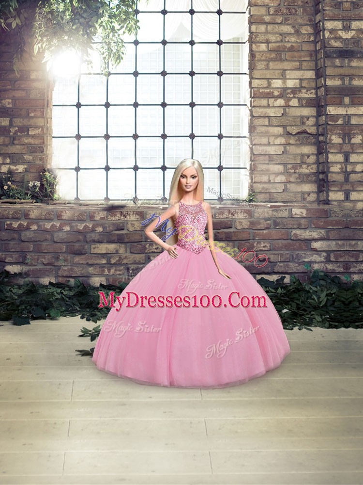 Hot Sale Sleeveless Tulle Floor Length Lace Up 15 Quinceanera Dress in Pink with Embroidery