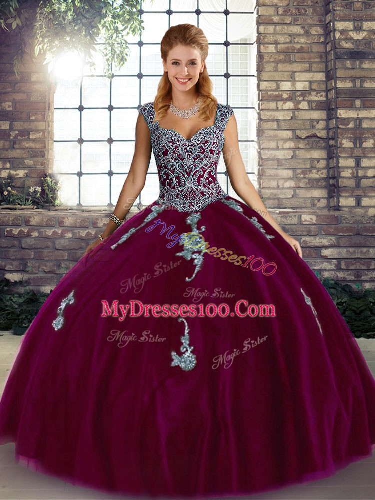 Customized Fuchsia Tulle Lace Up Sweet 16 Dresses Sleeveless Floor Length Beading and Appliques