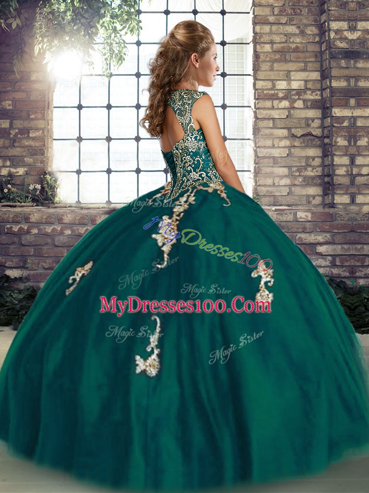Customized Fuchsia Tulle Lace Up Sweet 16 Dresses Sleeveless Floor Length Beading and Appliques