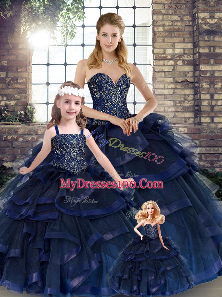 Navy Blue Ball Gowns Tulle Sweetheart Sleeveless Beading and Ruffles Floor Length Lace Up Quinceanera Dresses