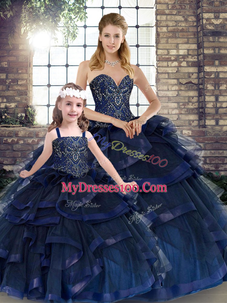 Navy Blue Ball Gowns Tulle Sweetheart Sleeveless Beading and Ruffles Floor Length Lace Up Quinceanera Dresses